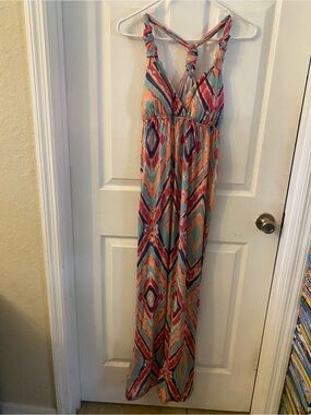 Pink Rose Multicolor Tie-Dye Maxi Dress with Coral Trim
